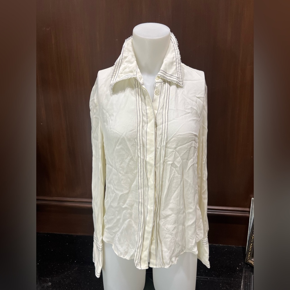 Rebecca Taylor silk Women's Cream Button-Up Top with ruffle collar